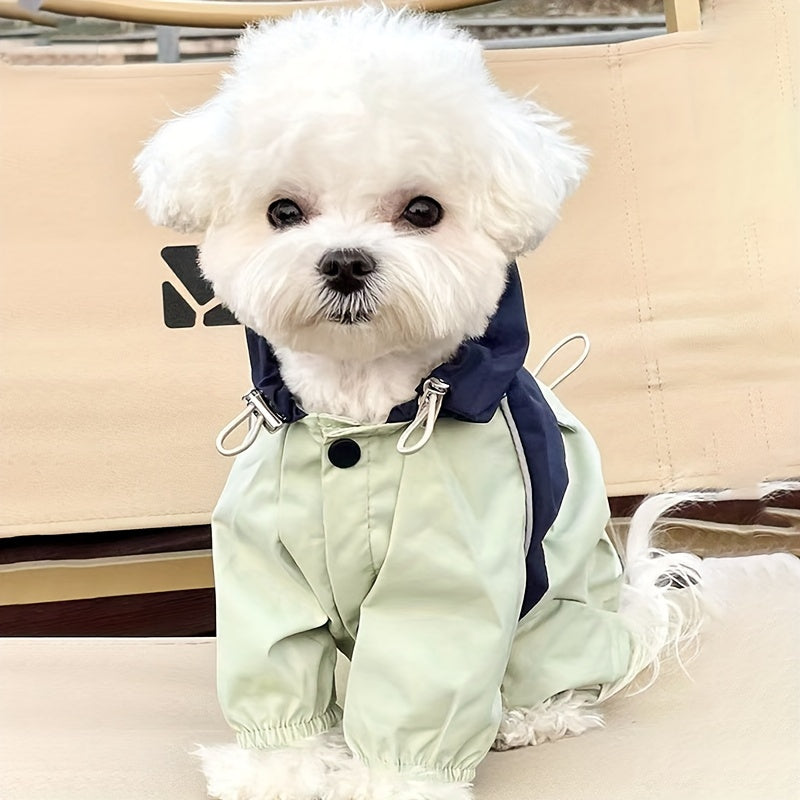 Waterproof Pet Raincoat with Hood for Small Dogs and Cats Light Green PVC Two-Tone Button Closure