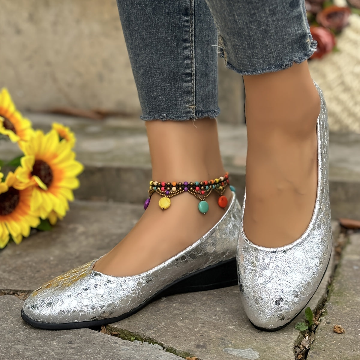 Women's Metallic Crocodile Pattern Mary Jane Flats Slip-On All-Season Comfort