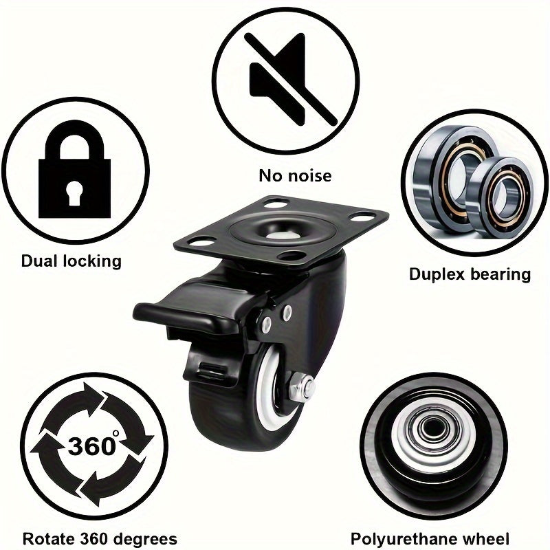 Set of 4 Heavy Duty Black Metal Caster Wheels 3.81 cm with Optional Brake for Furniture and Equipment
