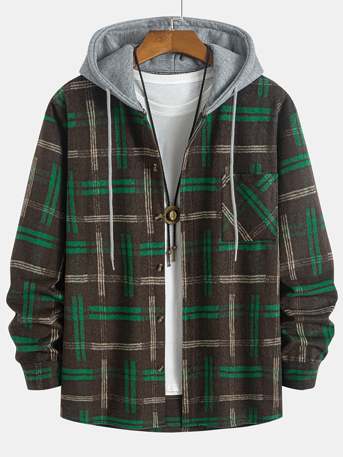 Men's Plus-Size Hooded Color-Block Plaid Jacket with Faux Two-Piece Design