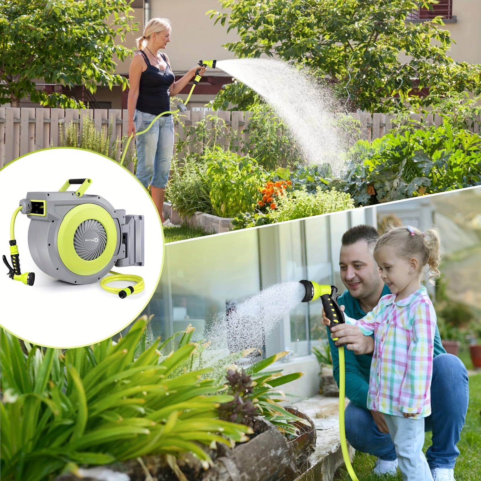 Retractable Garden Hose Reel 130ft Vinyl Hose 1/2 Inch Connector 9-Pattern Nozzle