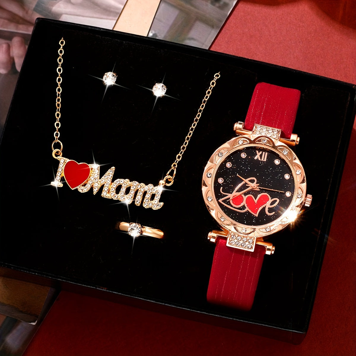 Women's Watch and Jewelry Set for Mother's Day with Rhinestone Accents