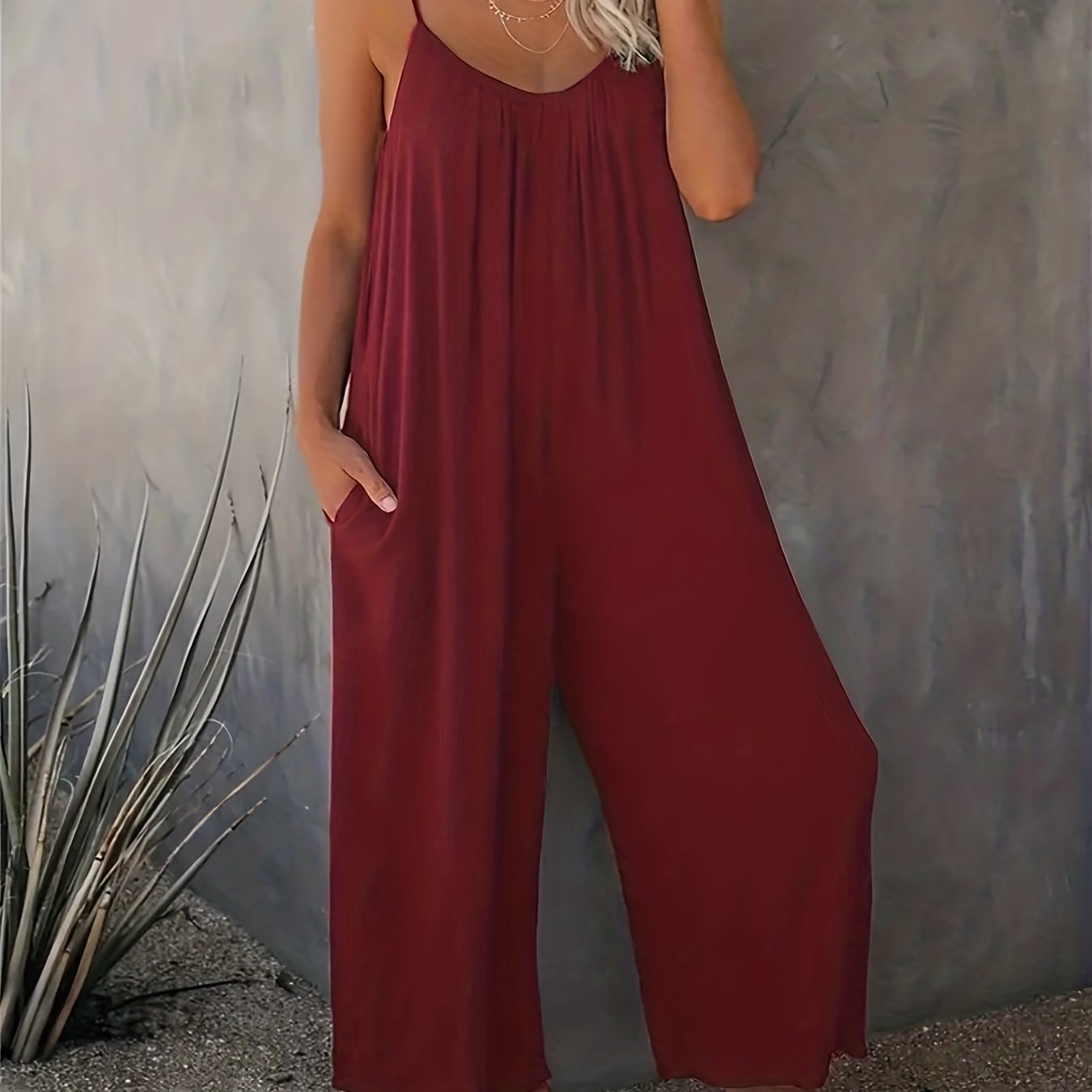 Plus Size Women Solid V Neck Wide Leg Summer Cami Jumpsuit