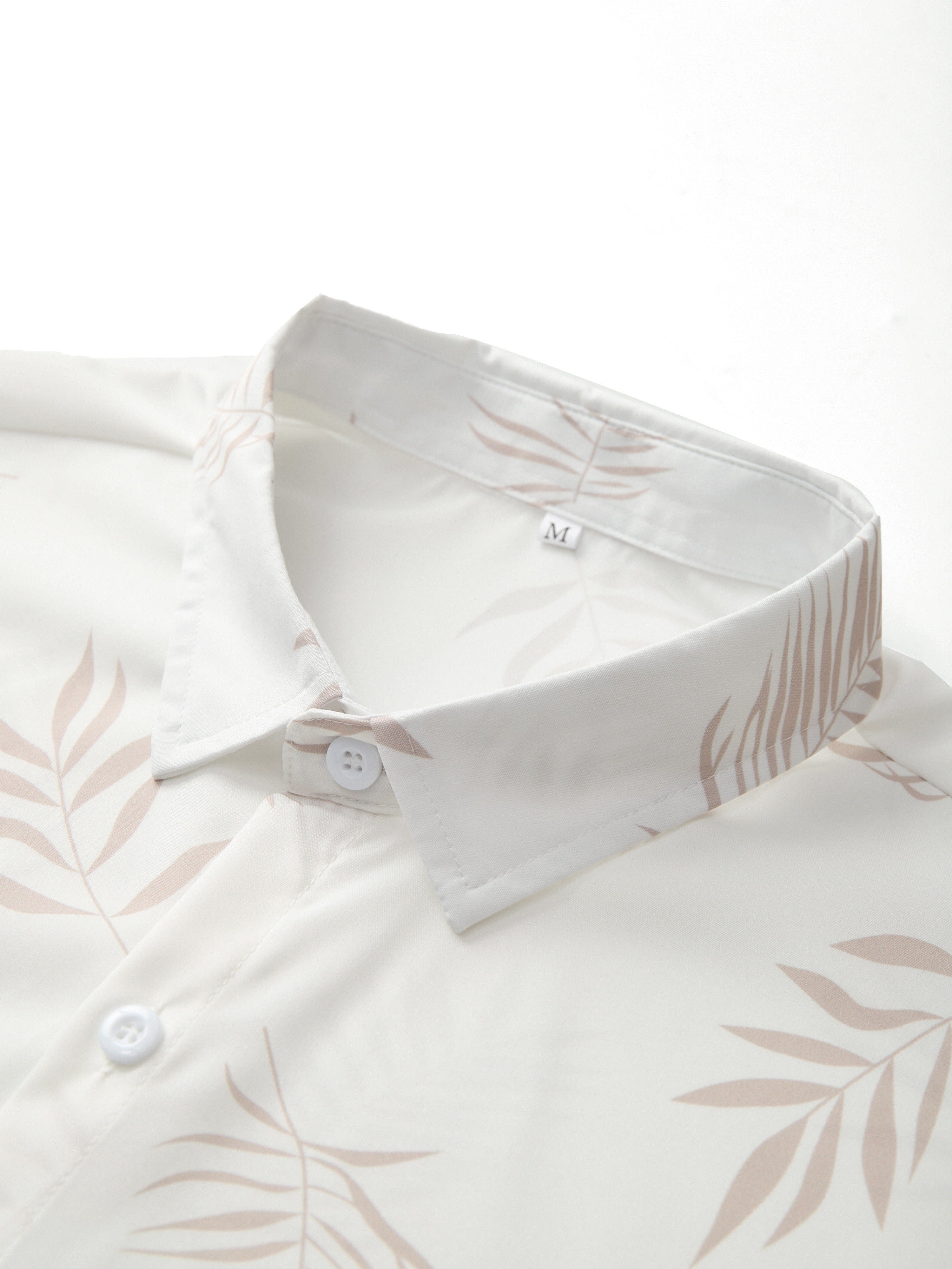 Men's Summer Leaf Print Button-Up Shirt and Drawstring Shorts Casual Outfit