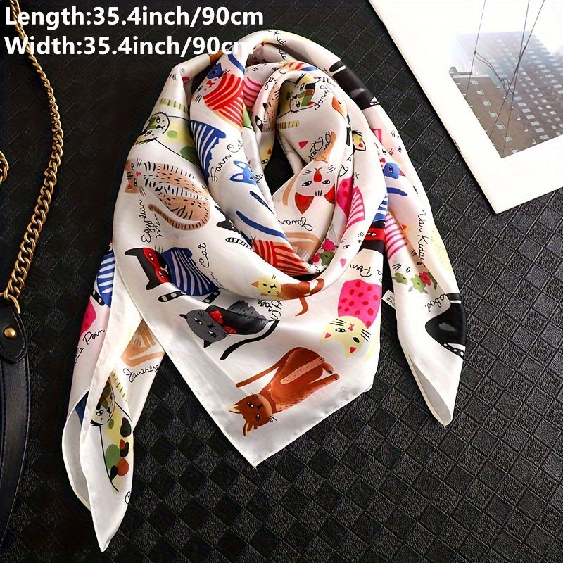 Women’s Polyester Square Scarf with Cartoon Cat Pattern Breathable Windproof Decorative