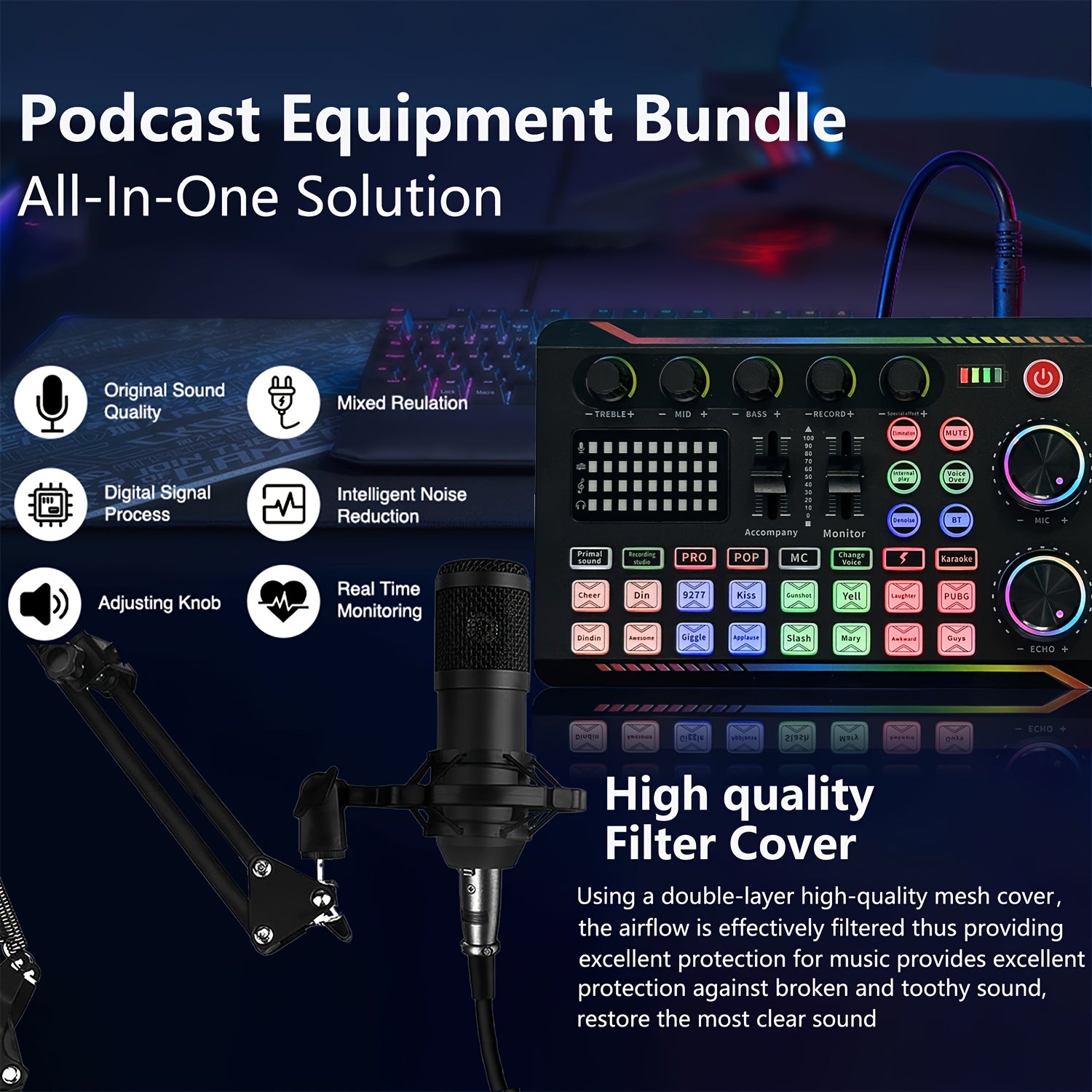 Professional Podcasting Microphone Kit with Live Sound Card and Mixer Black 3.5mm USB Charging