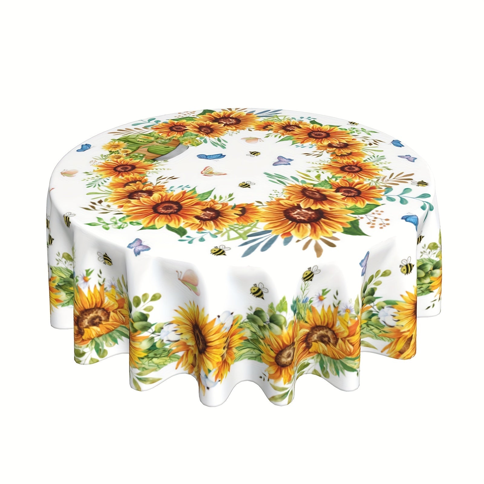 Sunflower Round Tablecloth with Floral Design Butterflies Bees Stain-Resistant Polyester Farmhouse Style for Kitchen Dining Picnic