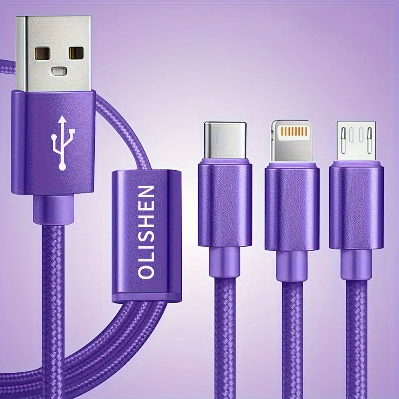 3-in-1 Nylon Braided USB Charging Cable for iPhone Micro USB Type-C Fast Data Sync