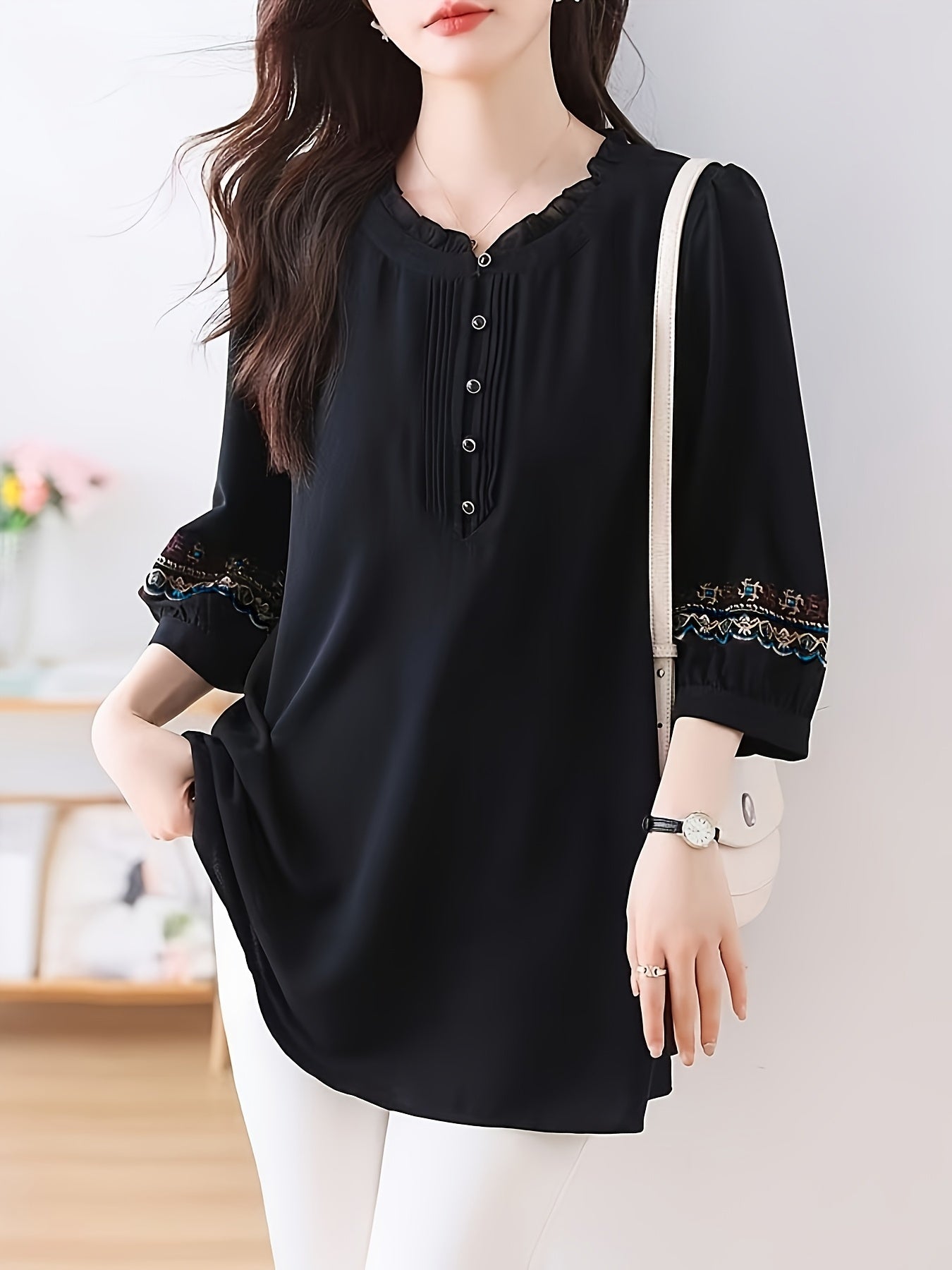 Plus Size Embroidered Blouse for Women Loose Fit Round Neck 3/4 Sleeve
