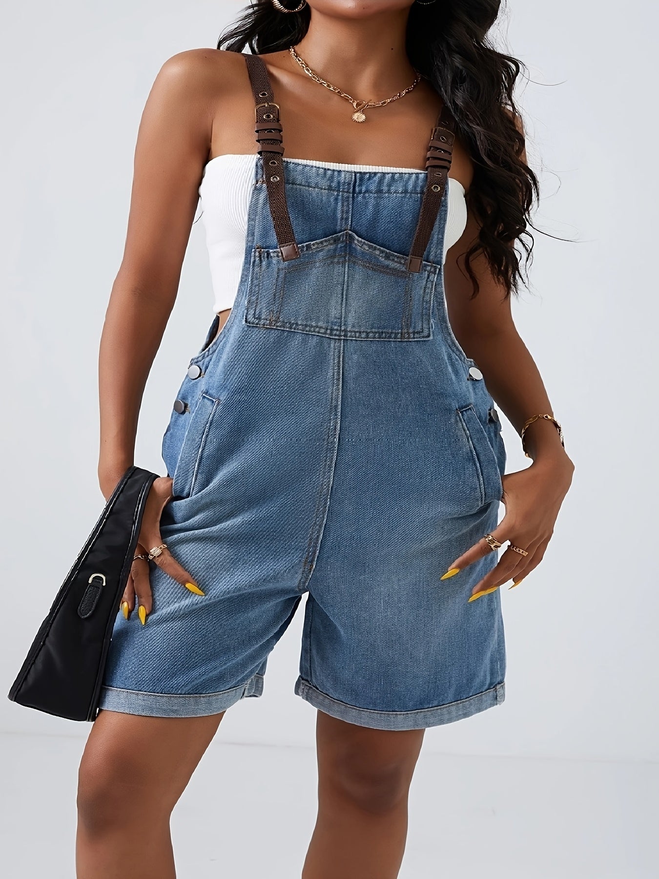 Women's Plus Size Denim Overalls Shorts Polyester Blend Solid Color Street Style Woven Fabric