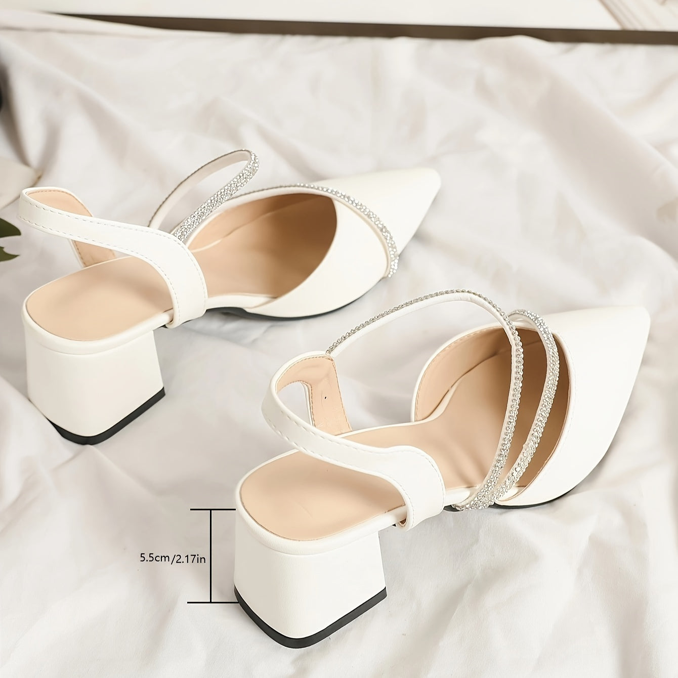 Women's Chunky Heel Sandals with Pointed Toe Rhinestone Accents Faux Leather All-Season