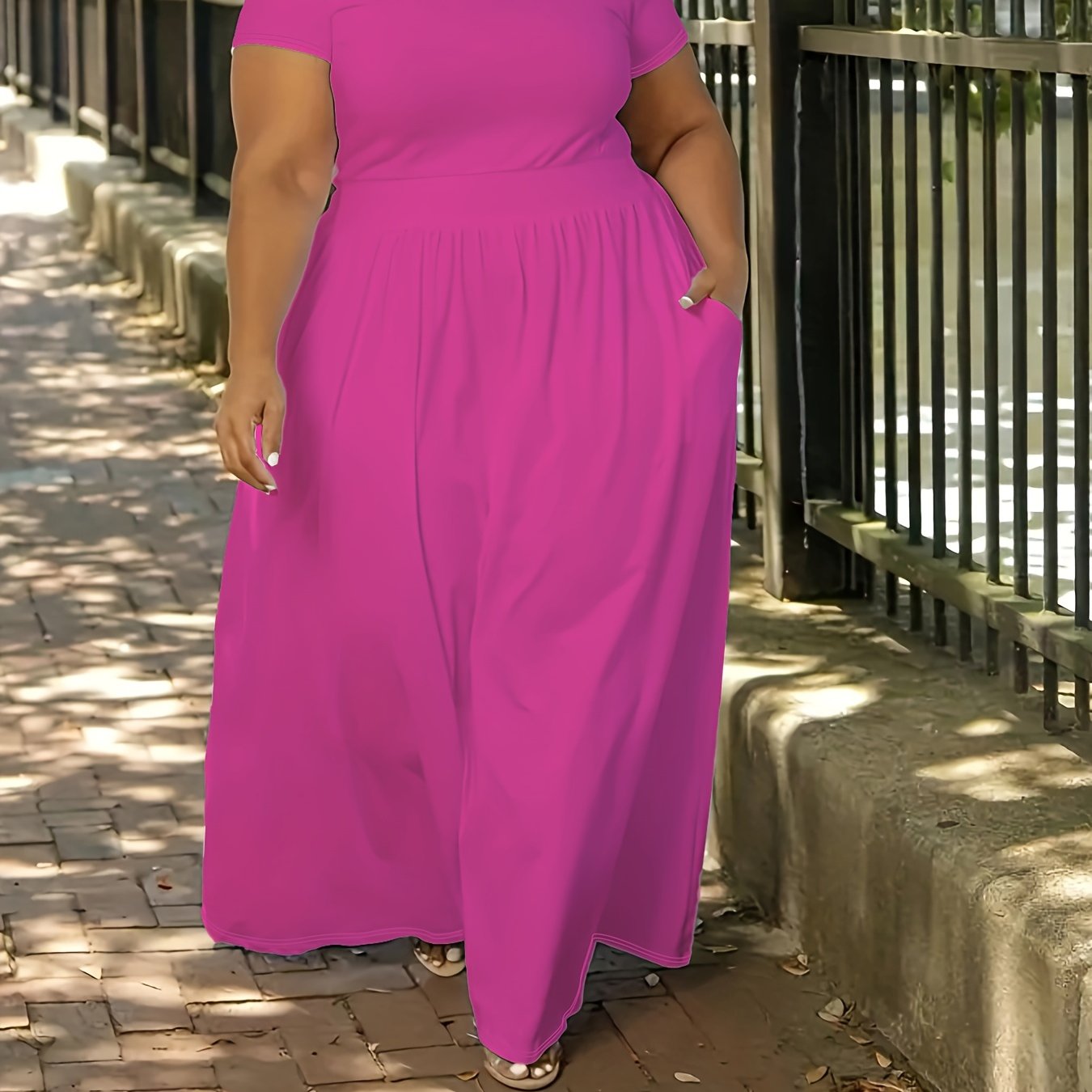 Plus Size Solid Maxi Dress with Short Sleeves, Medium Stretch, Crew Neck