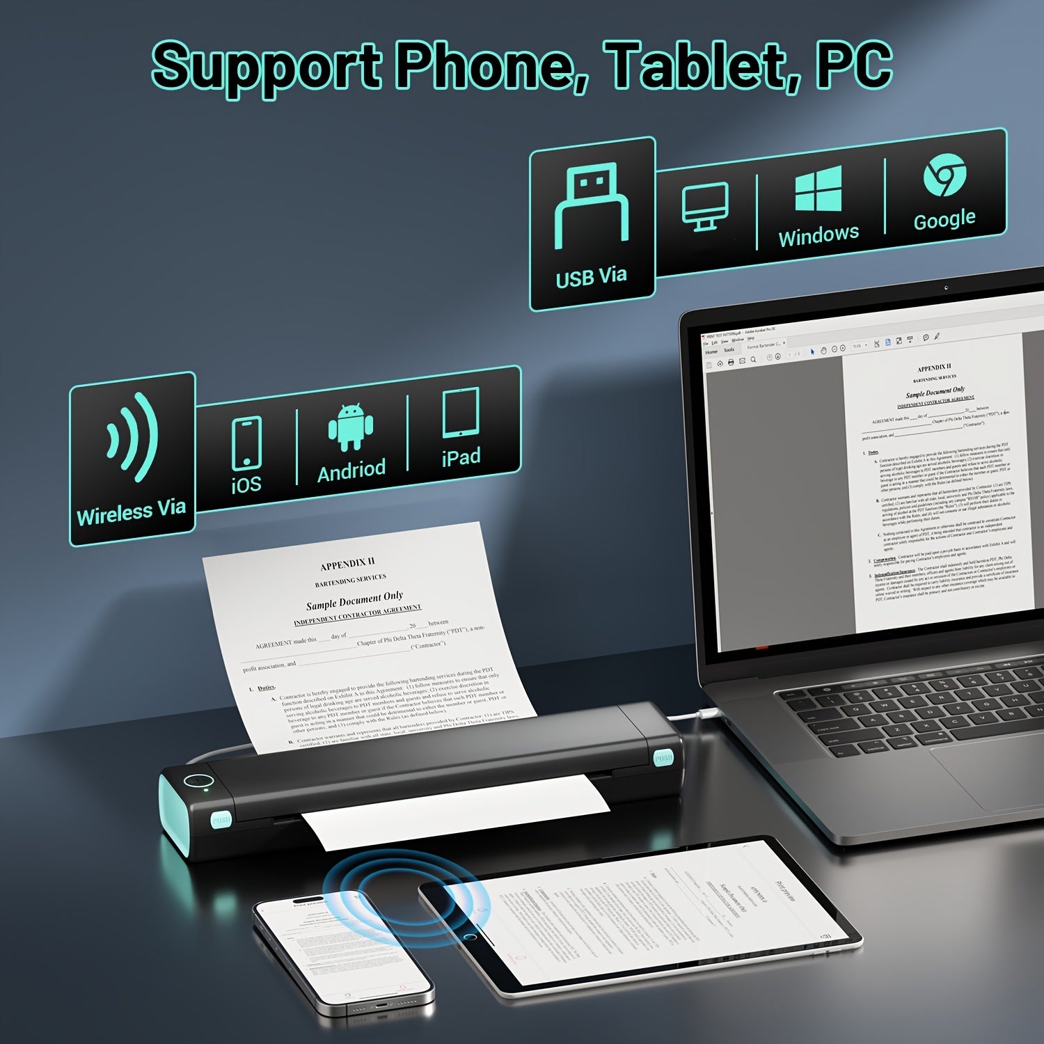 Portable Wireless Thermal Printer for Android iOS and Laptop US Letter Size