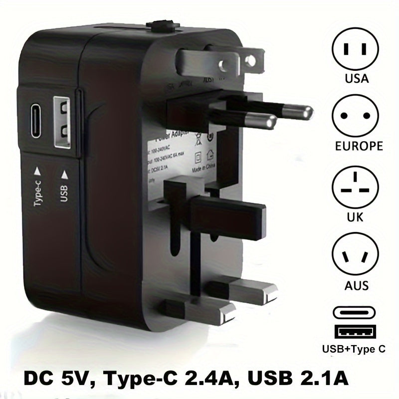 Adaptador de viaje con puertos USB y Type-C para EE. UU., UE, Reino Unido, AUS 220V 240V