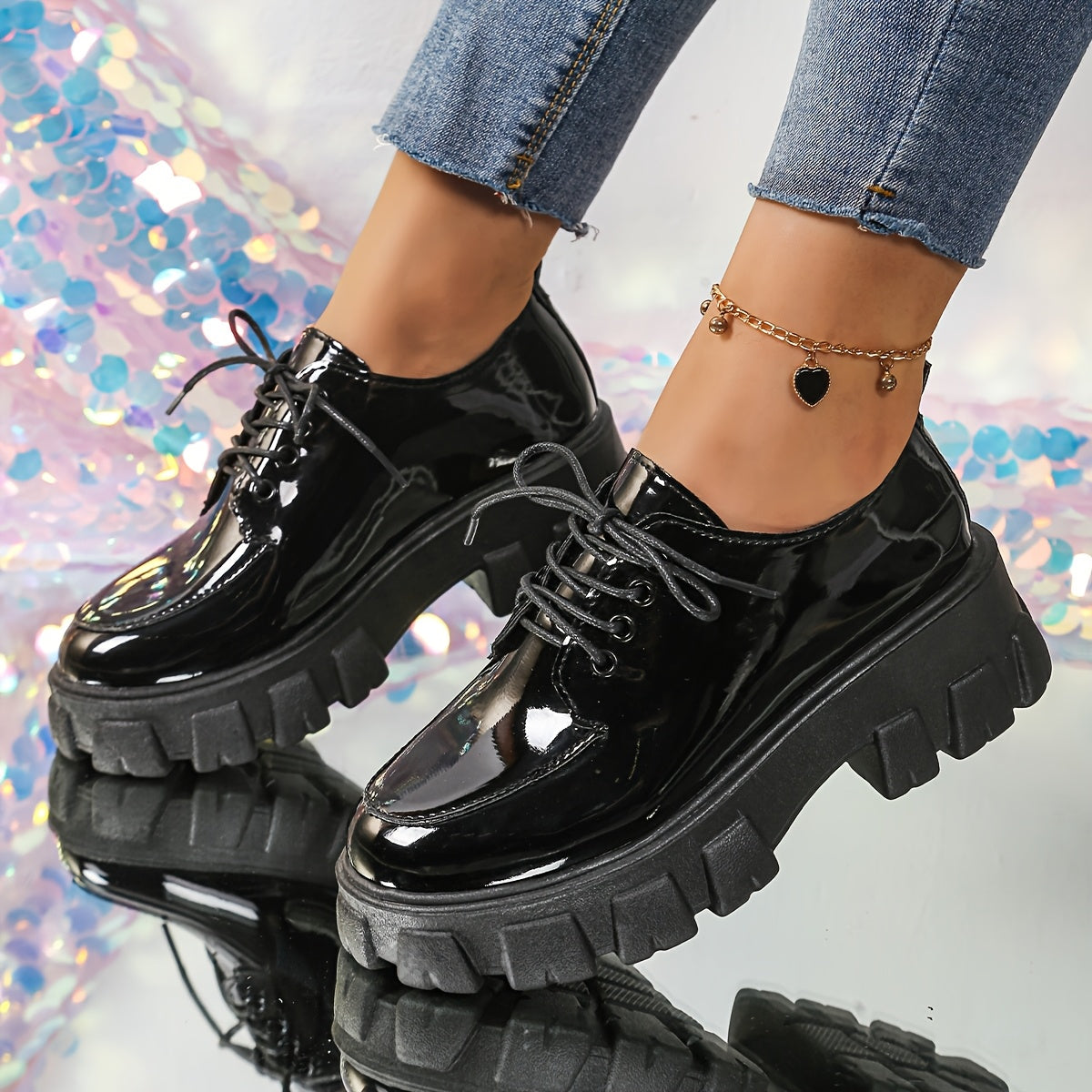 Women's Chunky Platform Loafers Glossy Black PU Lace-Up Shoes