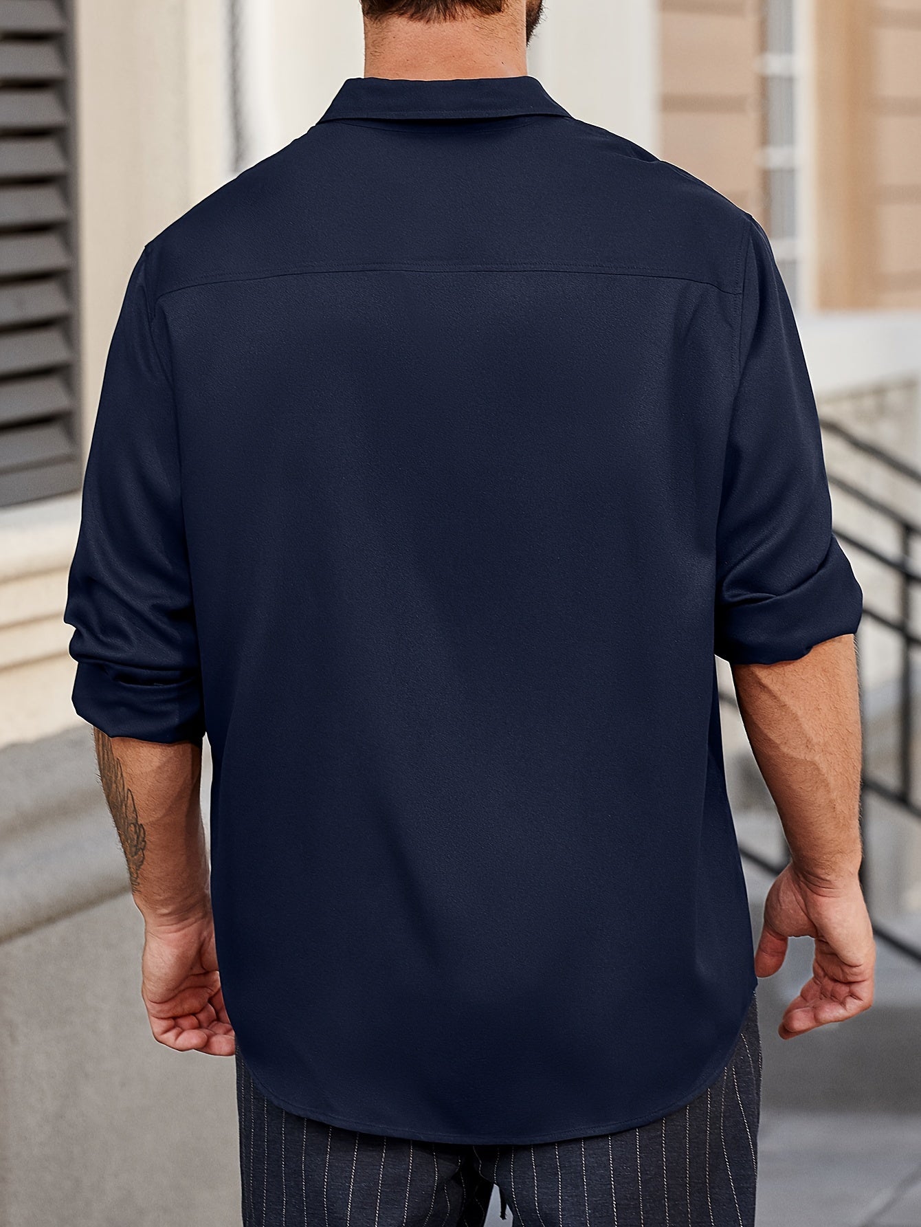 Men's Plus-Size Navy Blue Long Sleeve Polyester Casual Shirt for Spring Fall