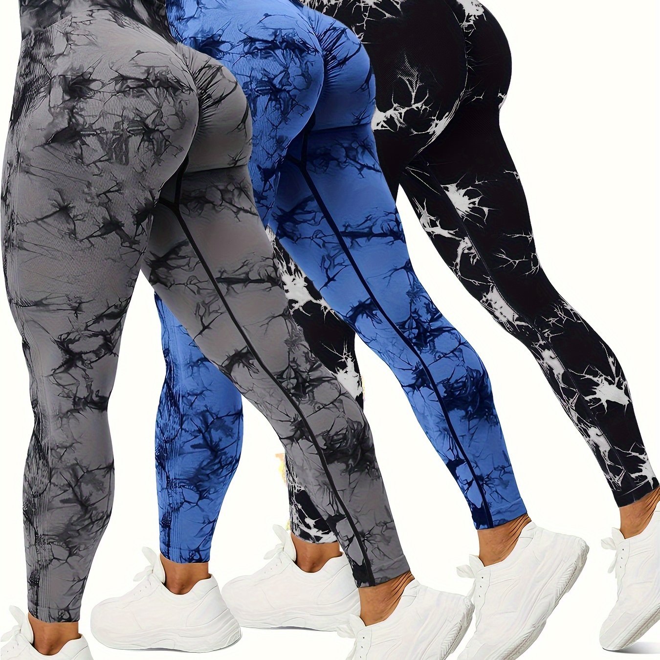 Women's Seamless High-Waisted Leggings with Tie-Dye Marble Print for Yoga and Fitness
