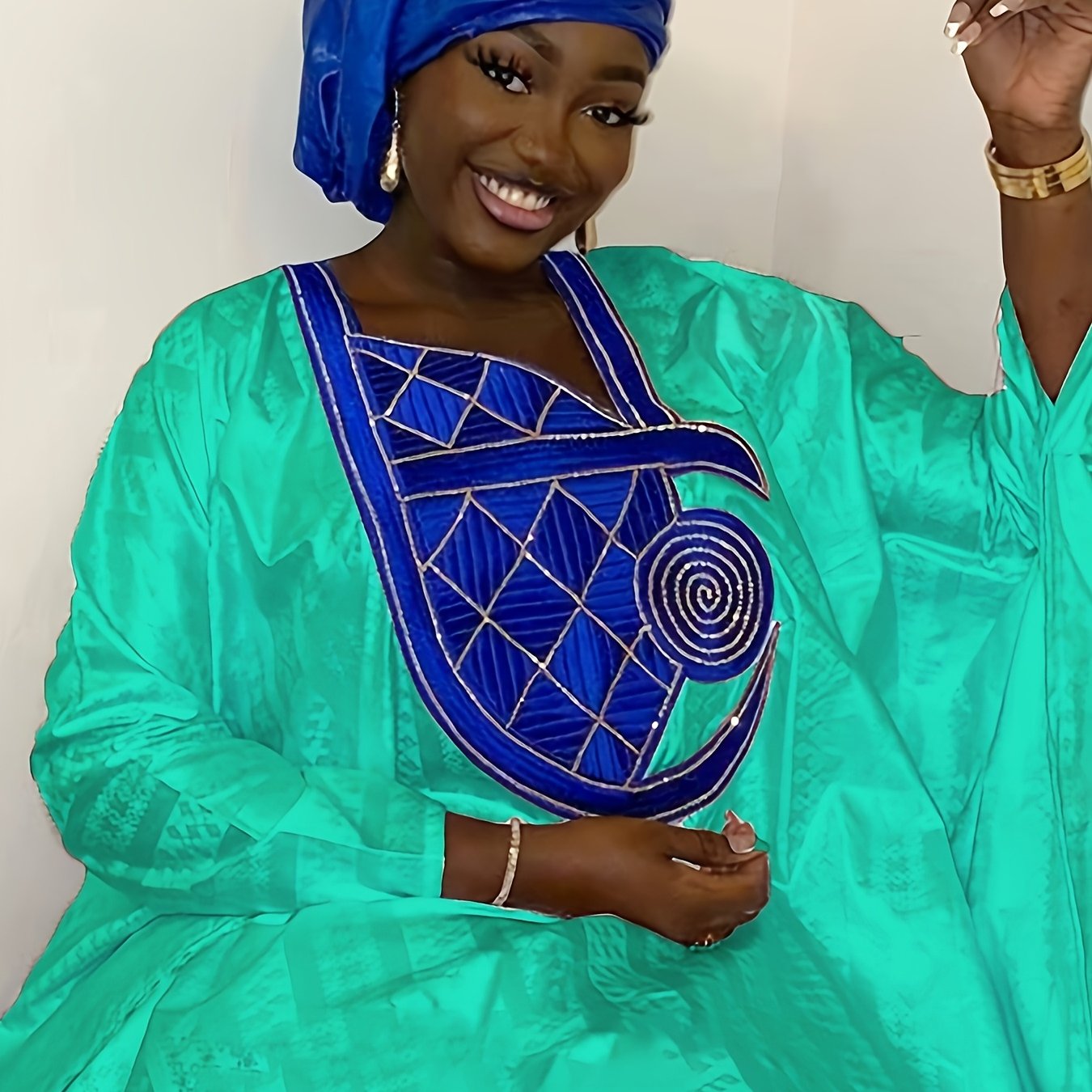 Women's Blue And White Long Bazin Riche Gown For Weddings