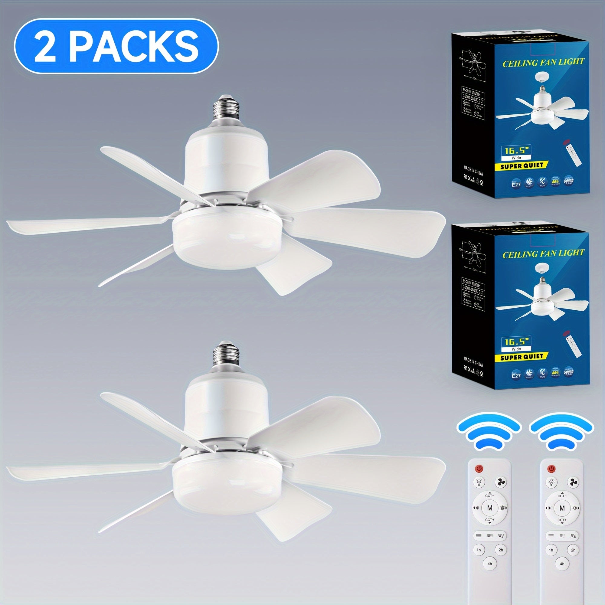 Dual-pack white E26/E27 screw socket fan lights with remote control, 3-speed, 3 colors, adjustable LED light