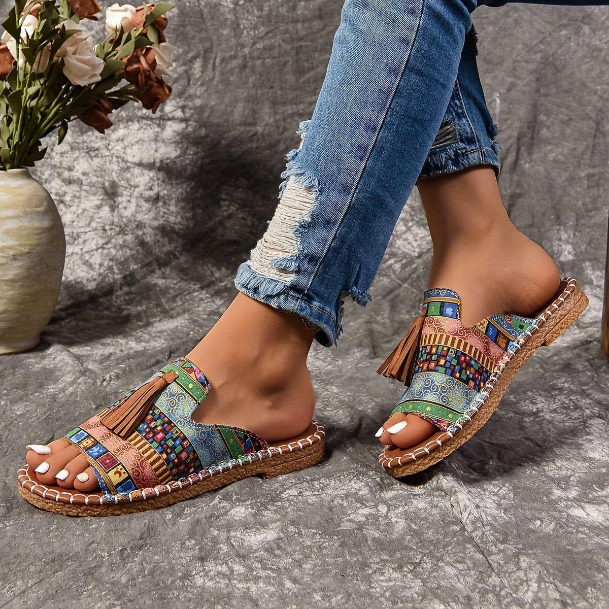 Women's Bohemian Flat Sandals with Tassels, Rubber Soles, Hand Washable