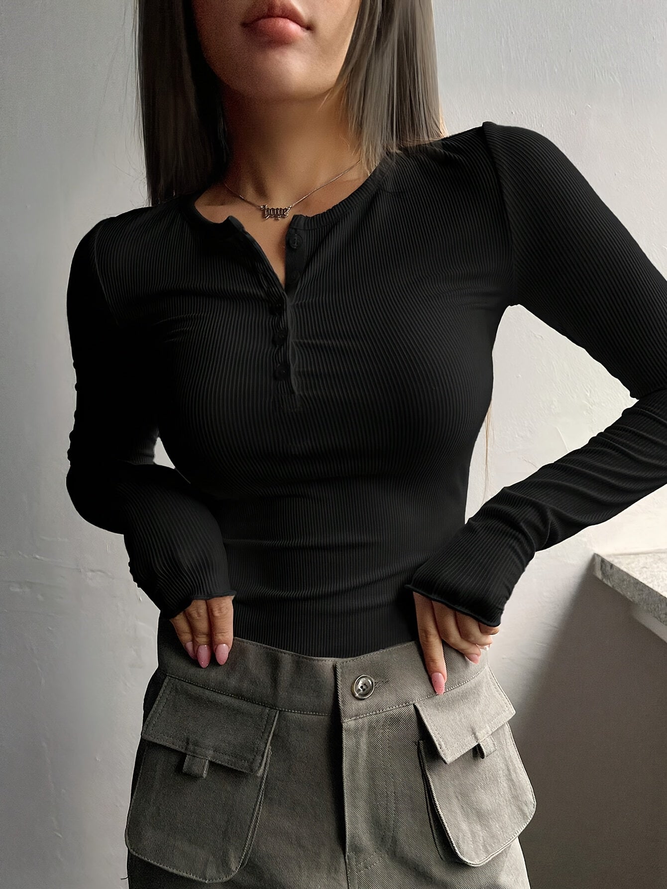 Women's Black Ribbed Knit T-Shirt with Half-Button Placket Slim Fit Spring Summer