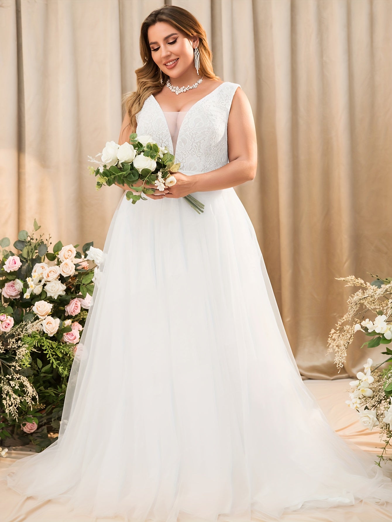 Vestido de novia de encaje para mujer de tallas grandes con escote en V sin mangas, vestido formal de línea A