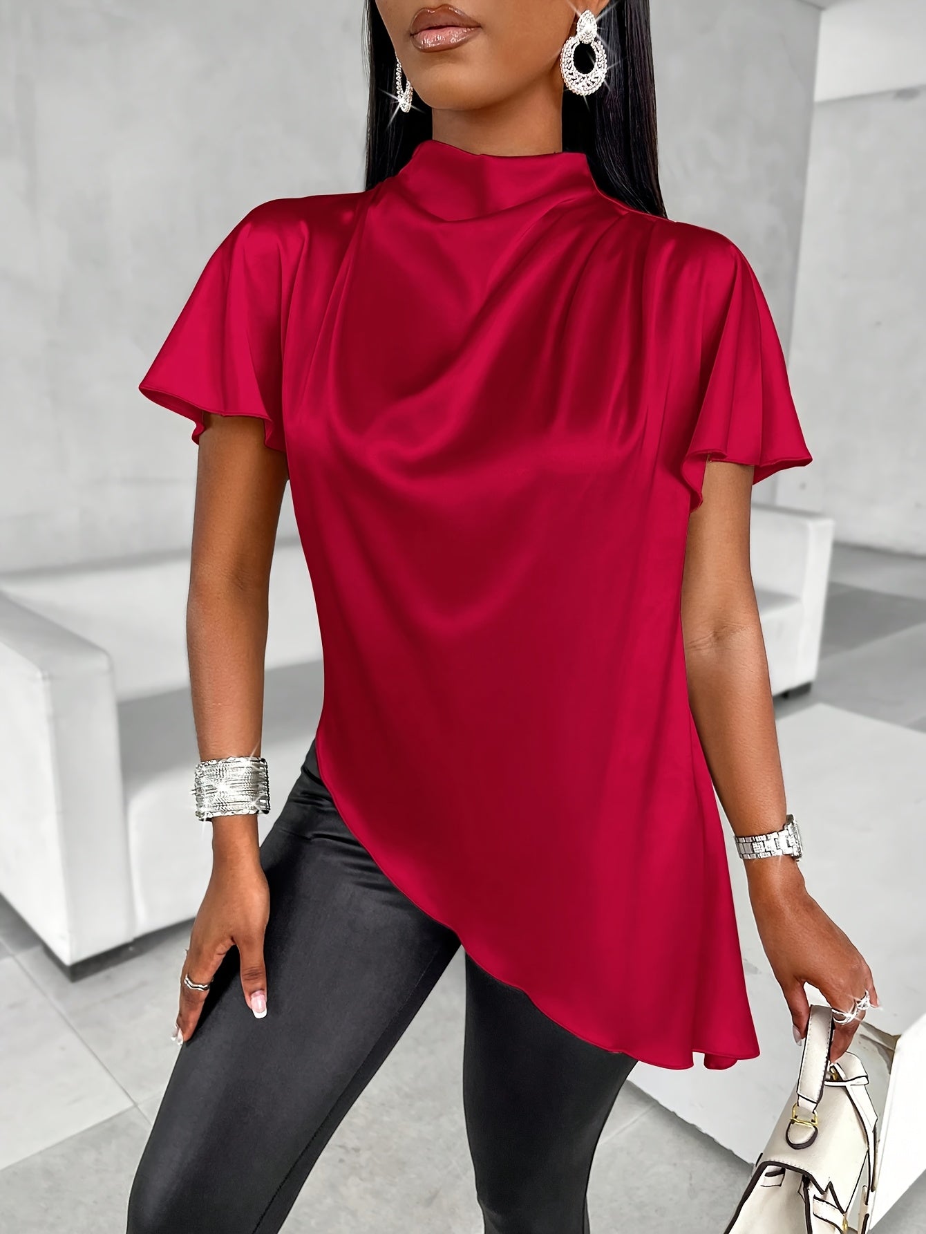 Women's Satin Blouse with Batwing Sleeves, Asymmetrical Hem, Solid Color