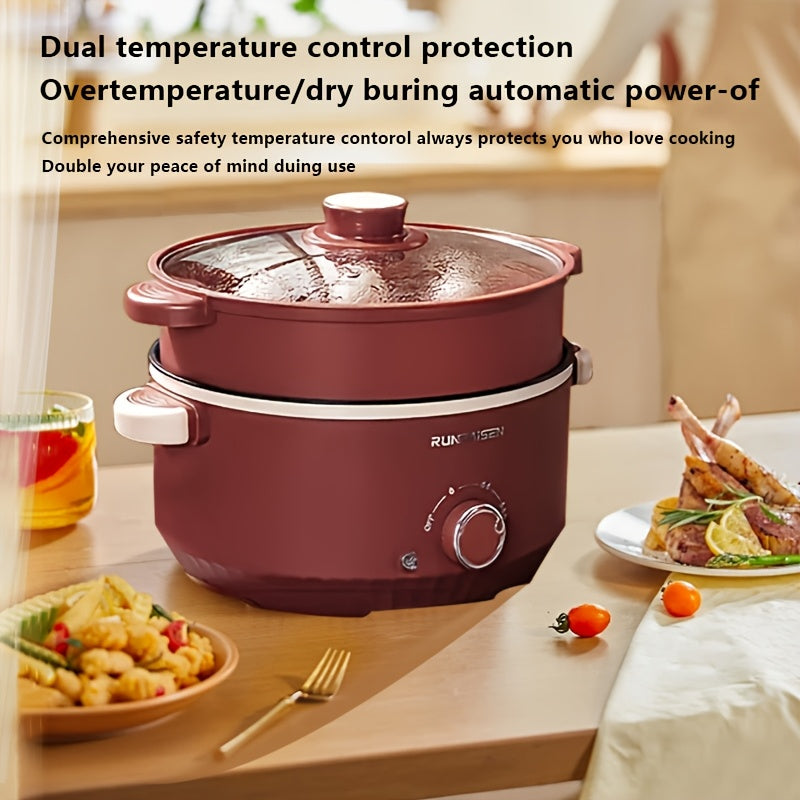 Katta quvvatli elektr hotpot pishirgich, yopishmaydigan ikki qatlamli dizayni, 3 tezlikda sozlanadigan olov kuchi va 220-240V quvvat ta'minoti uchun Yevropa standarti rozetkasi bilan, yotoqxonalarga mos