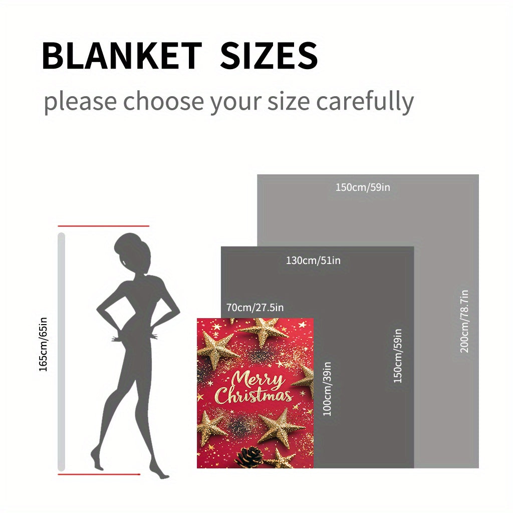 Christmas Flannel Throw Blanket with Golden Stars Red Background Soft Plush Lightweight All-Season Home Sofa Camping Car Travel