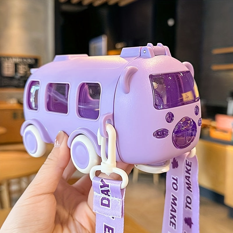 Kids' Plastic Bus-Shaped Water Bottle with Straw for School and Travel