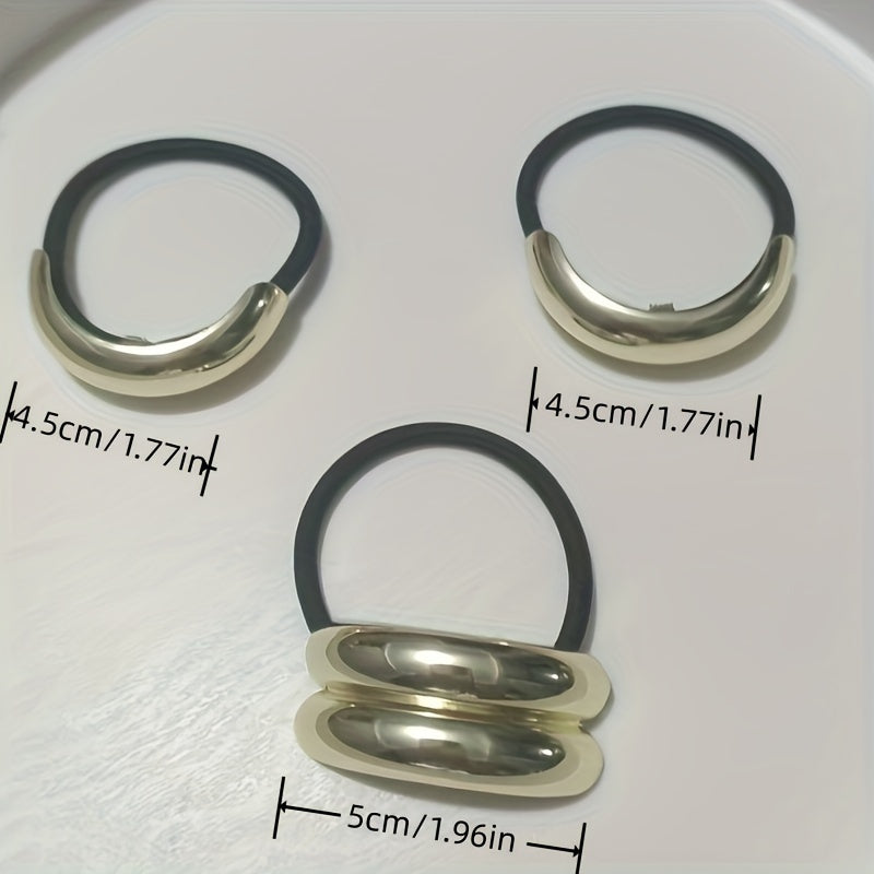 Set of 3 Gold Alloy Hair Ties for Women and Girls Elastic Ponytail Holders Stylish Updos