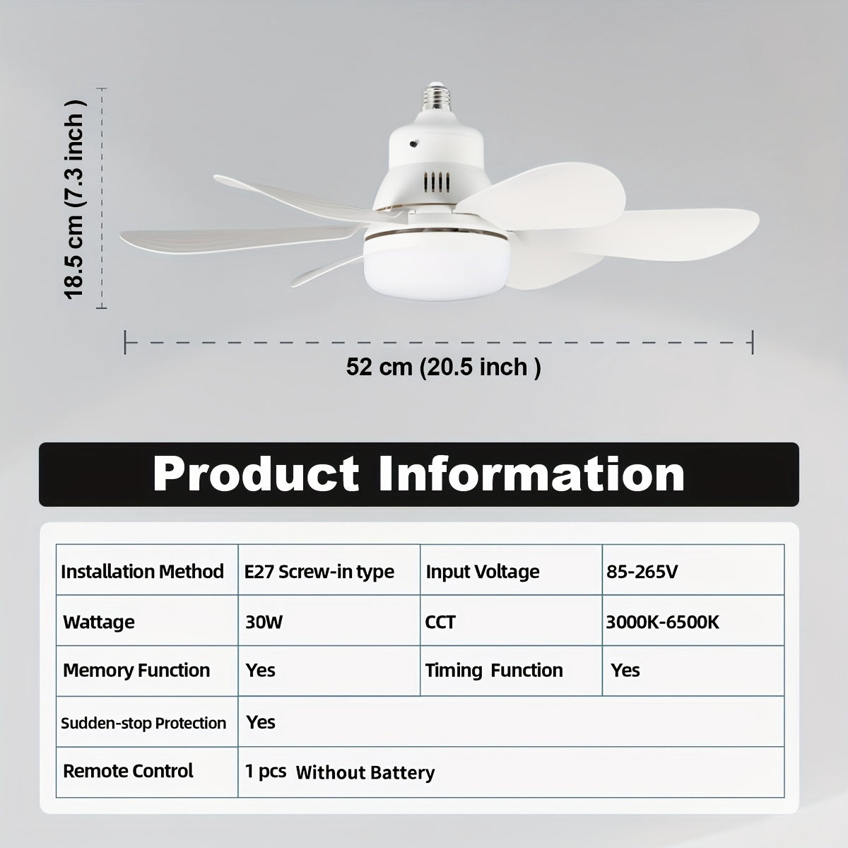 Smart Ceiling Fan with Dimmable LED Lights E26/E27 Socket for Home Use