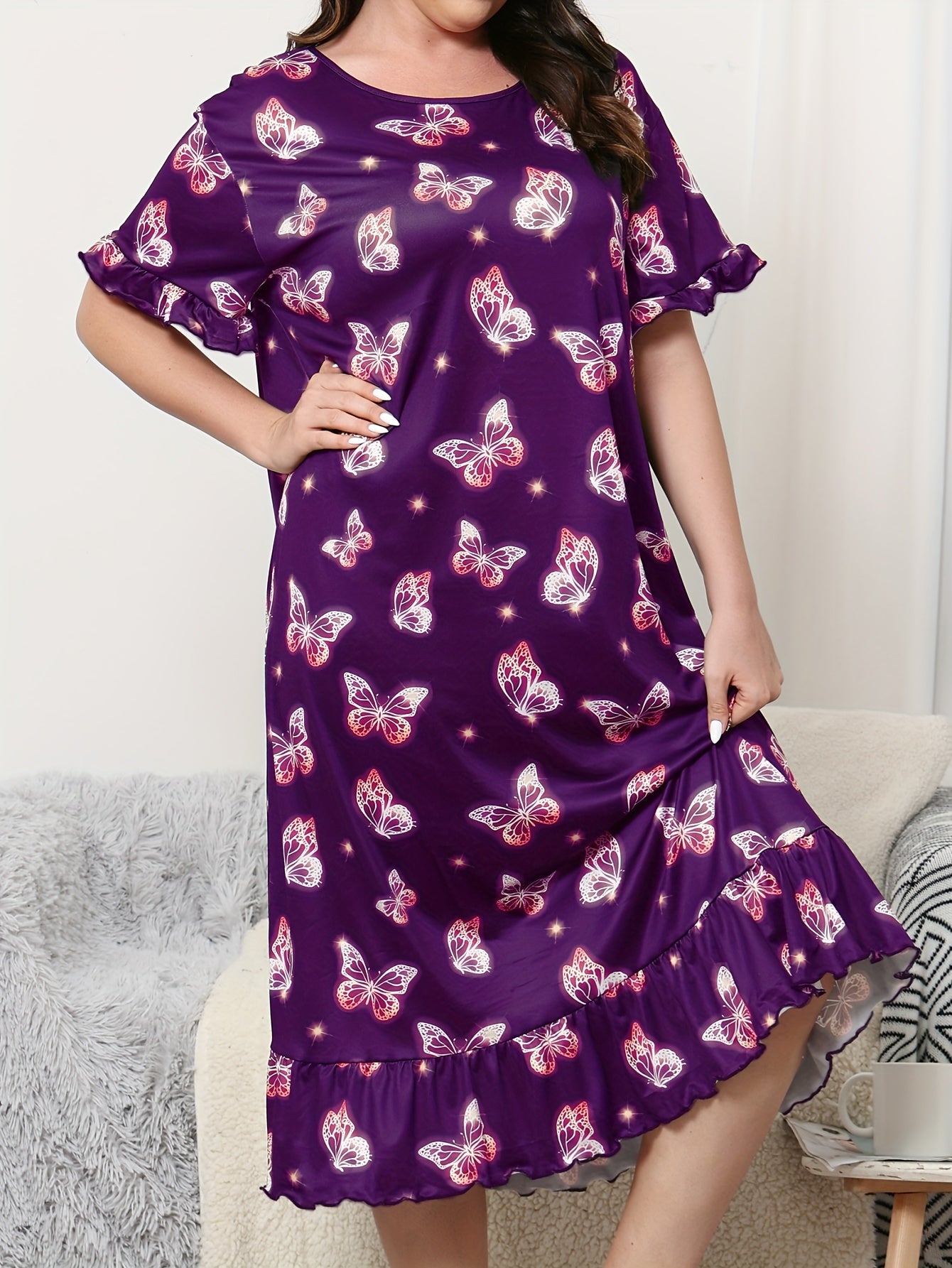 Plus Size Women's Butterfly Print Sleep Dress Short Sleeve Nightgown Loungewear