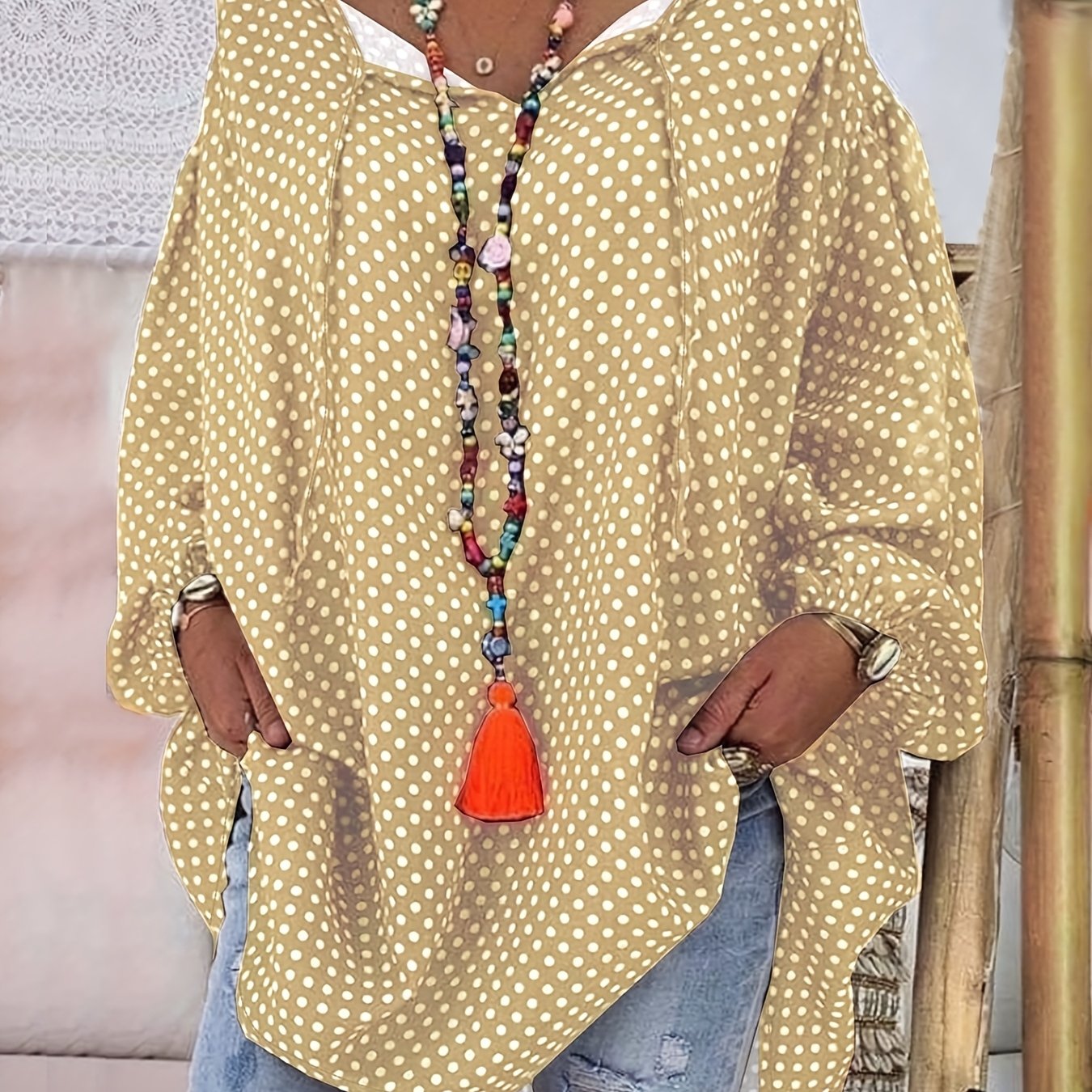 Plus Size Women's Casual V-Neck Tie Front Blouse Blue White Polka Dots