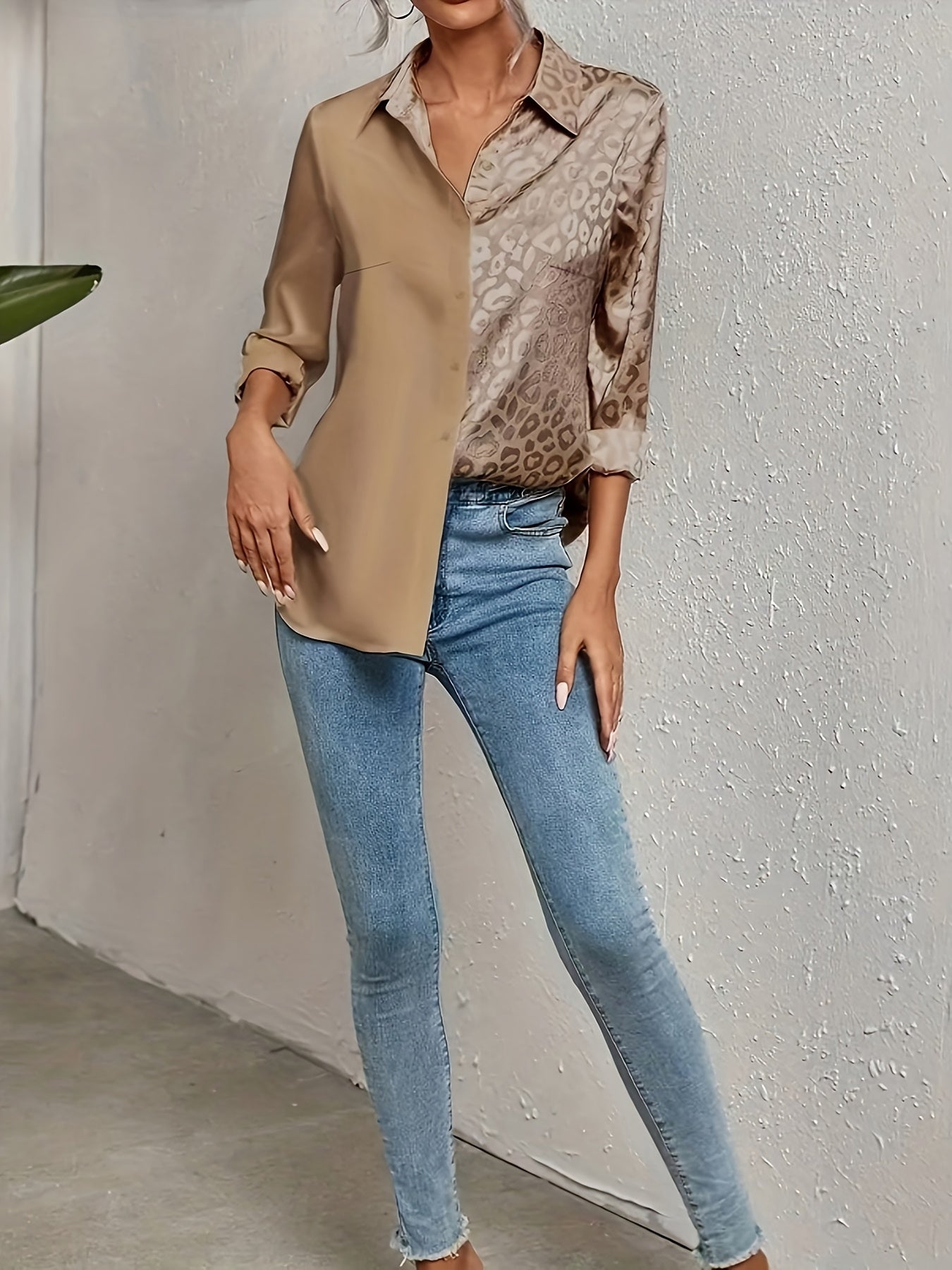 Women's Satin Leopard Print Button-Up Shirt Long Sleeve Casual Wear