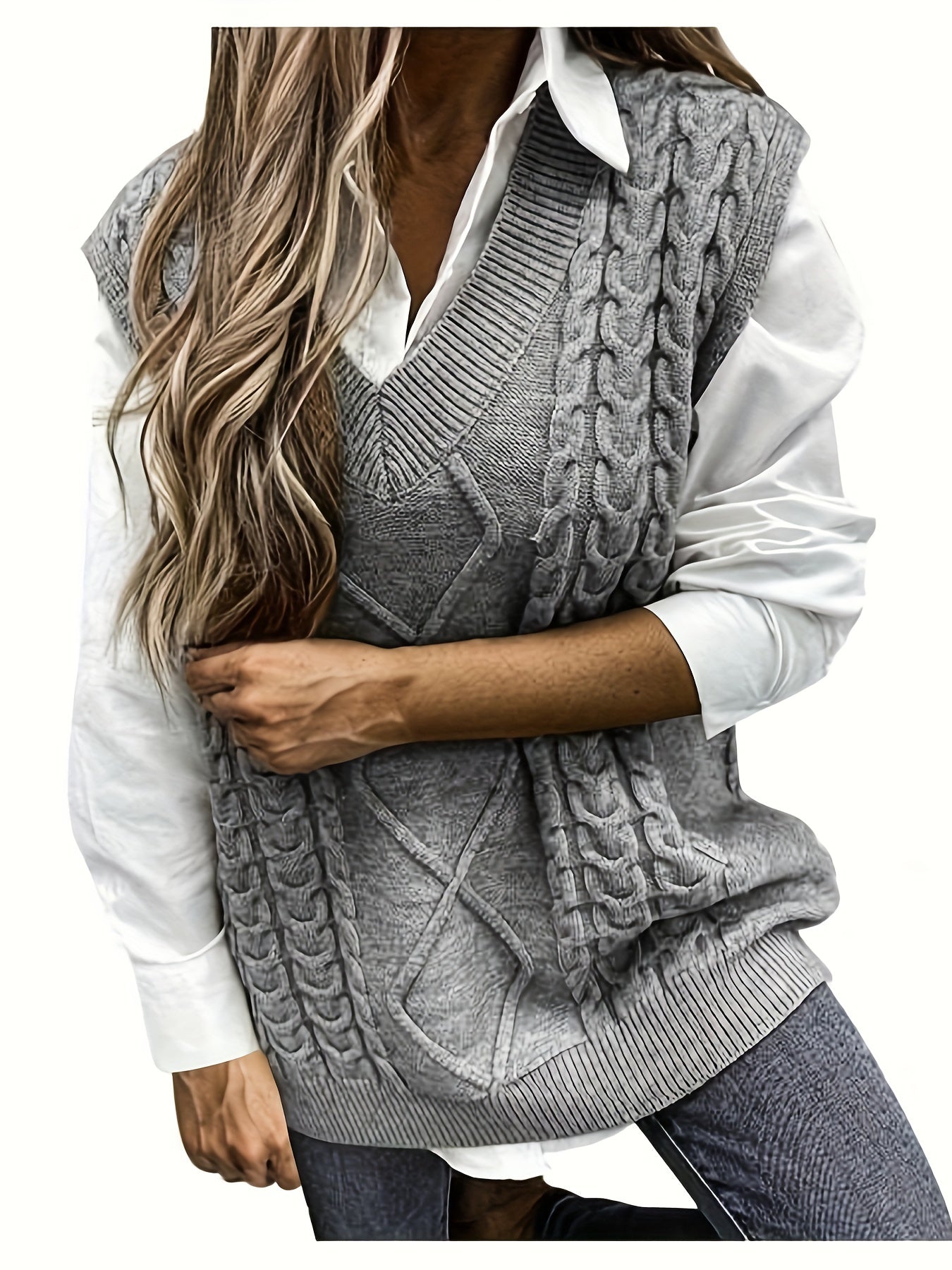 Plus Size Cable Knit Sweater Vest V-Neck Sleeveless Top for Fall Winter