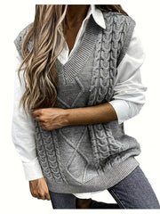 Plus Size Cable Knit Sweater Vest V-Neck Sleeveless Top for Fall Winter