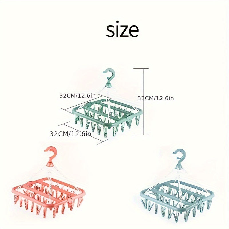 Foldable Clothes Organizer with 32 Clips for Socks and Underwear in Pink Blue Green