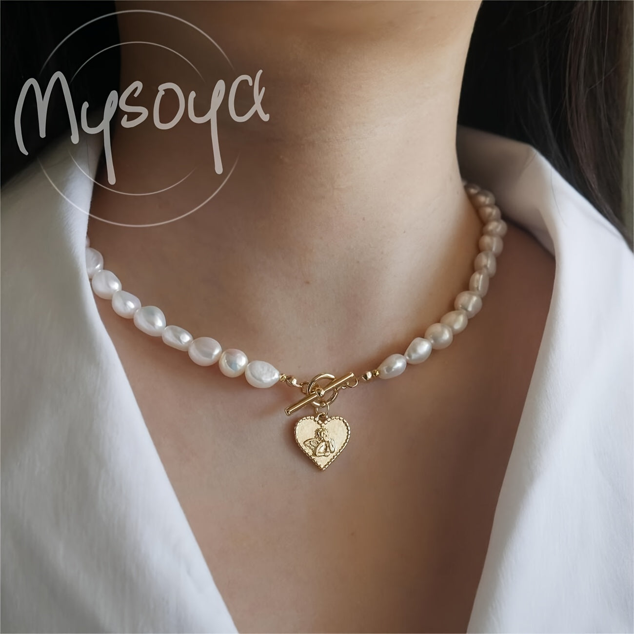Collar elegante de perlas de agua dulce estilo barroco con colgante de corazón en oro 7-8mm caja de regalo