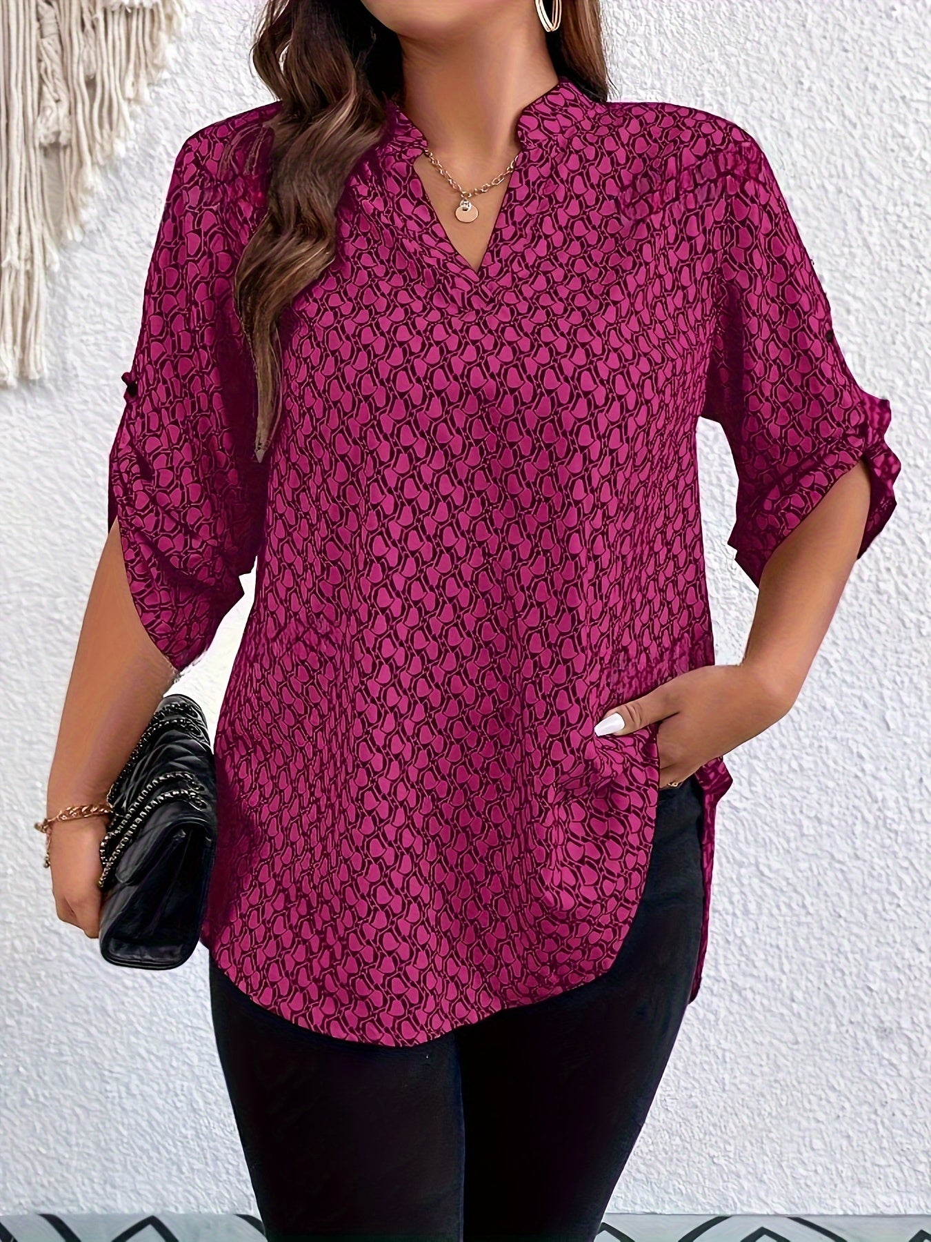 Ladies Print Blouse with Notched V-Neck Rolled Sleeves Casual Formal Wear