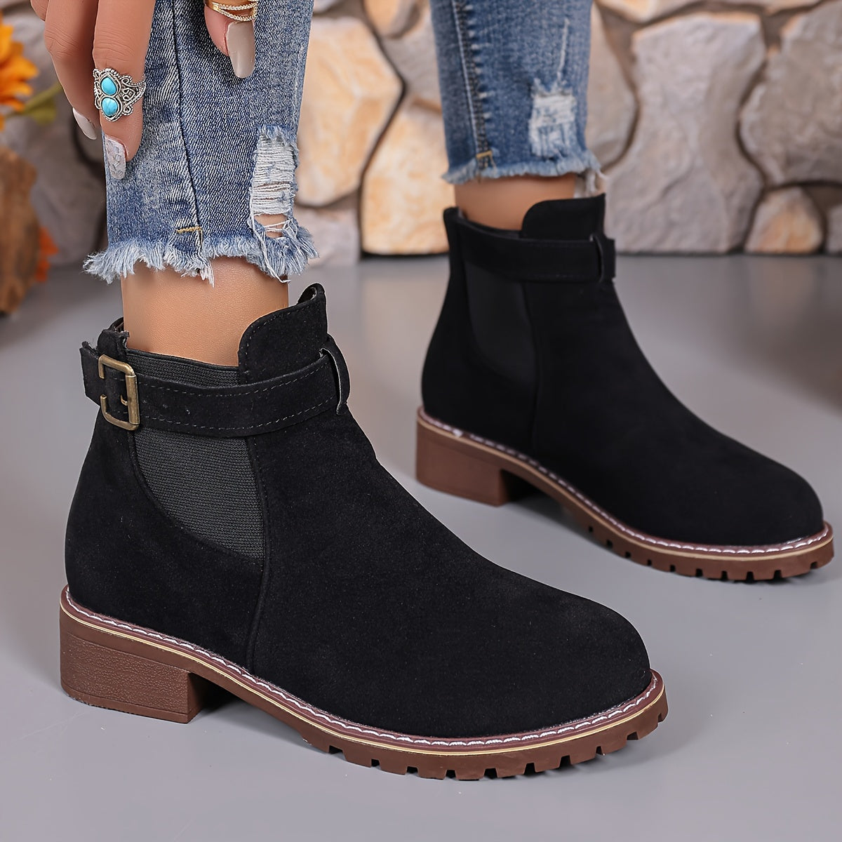 Women's Chunky Heel Ankle Boots Faux Cover Upper TPR Sole Mid-Calf
