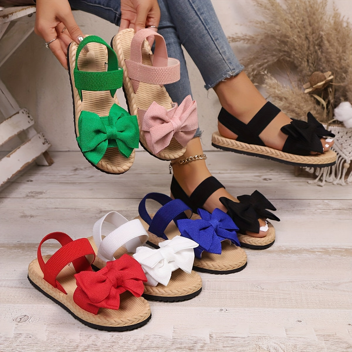 Women Flat Sandals Bow Elegant Bohemian Wedding Party Shoes