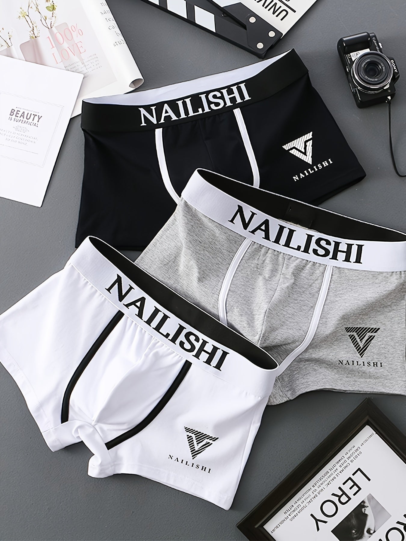 Men's Cotton Boxer Briefs 3-Pack Alphabet Print Breathable Stretch Knit Underwear