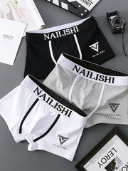 Men's Cotton Boxer Briefs 3-Pack Alphabet Print Breathable Stretch Knit Underwear