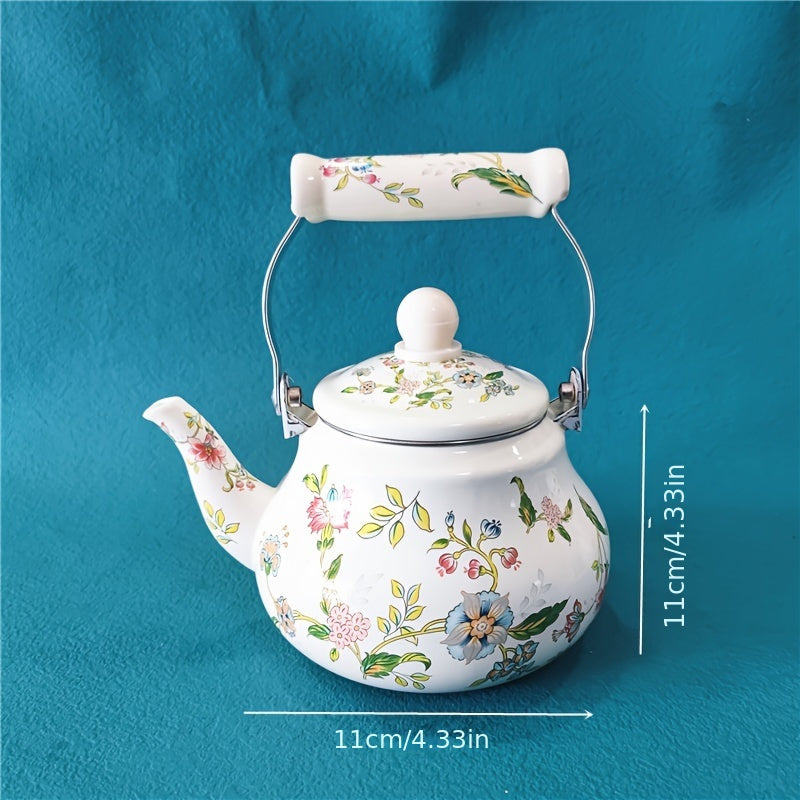 Enamel Kettle 1.5L Floral Design Pear-Shaped Gas and Induction Safe Tea and Cold Drink Maker
