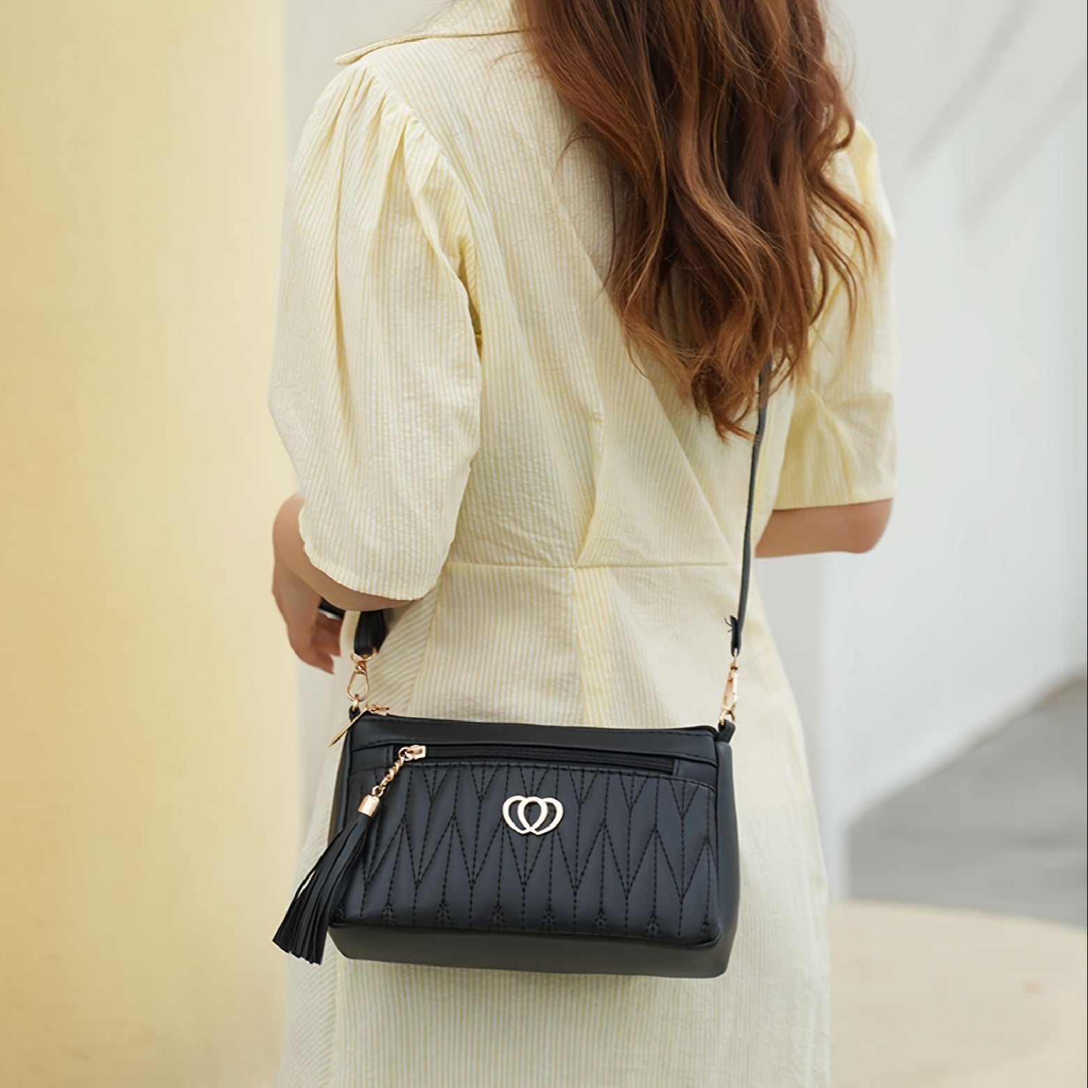 Vintage Women Quilted Crossbody Bag Faux Leather Black Heart Detachable Strap