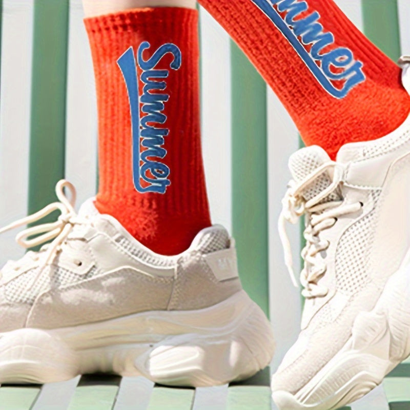 Men's Street Style Letter Printed Knit Socks 5 Pairs Cotton Blend Breathable Soft Spring Summer