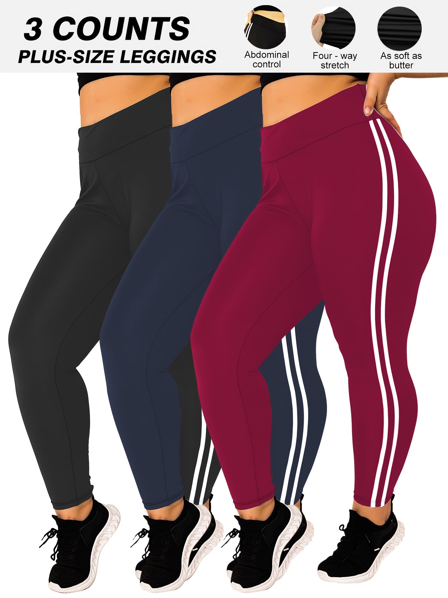 Plus Size High-Waisted Leggings 3-Pack with Side Stripes 4-Way Stretch