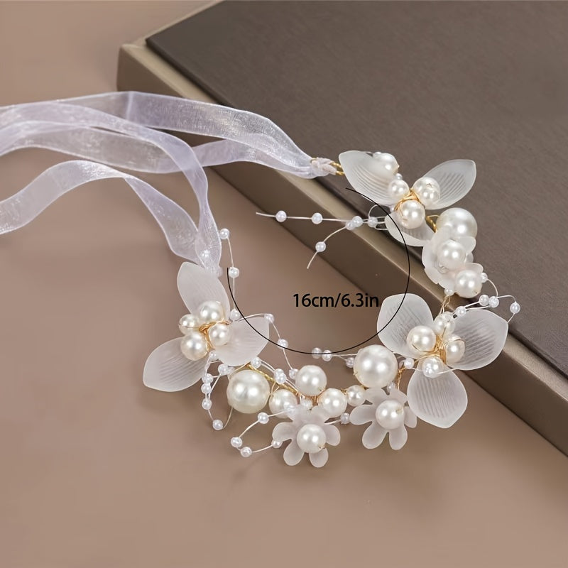 Romantic Bridal Headpiece with Faux Pearls Floral Wreath Ribbon Tie