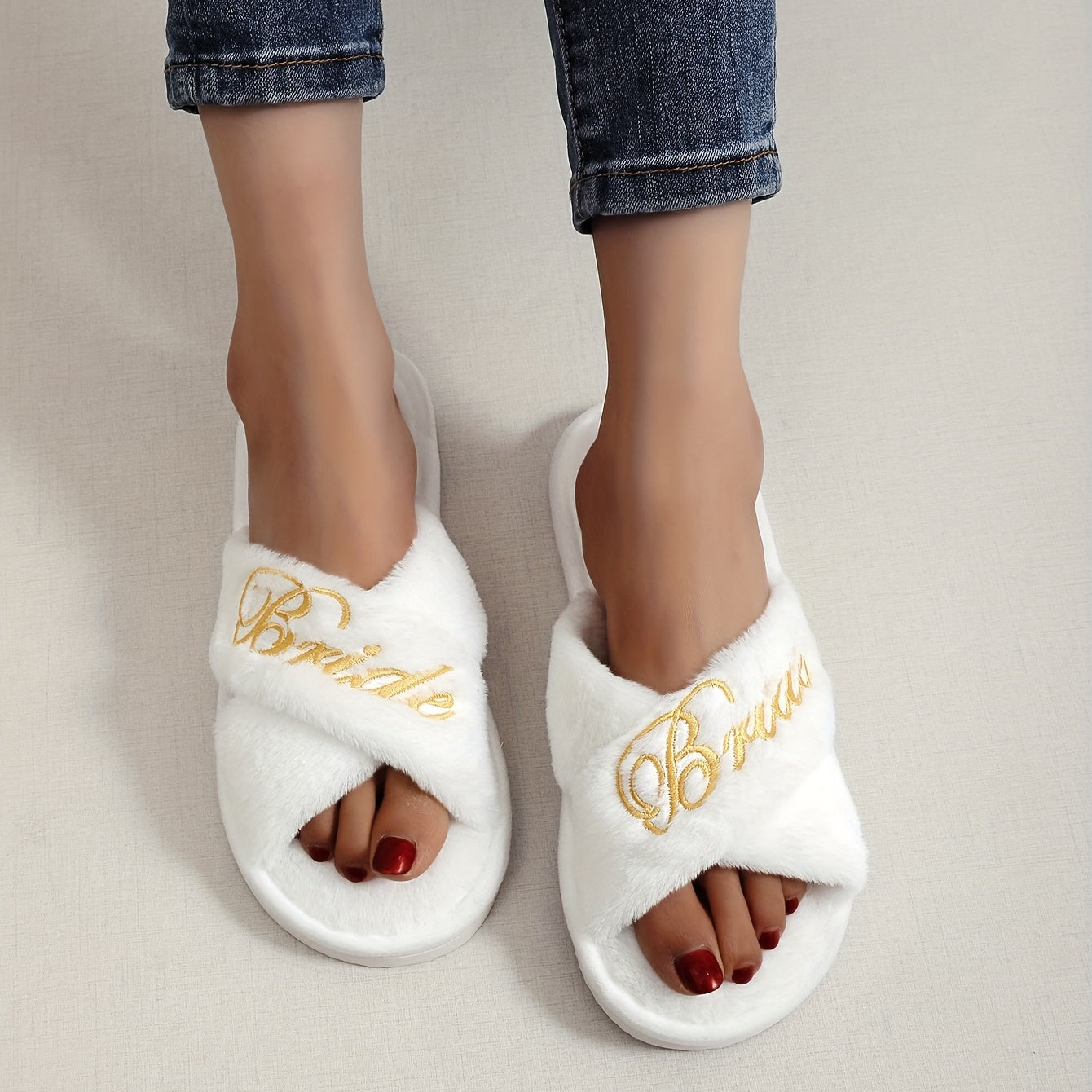 Women's Embroidered Faux Fur Slip-On Slippers White Comfort Wedding Occasion